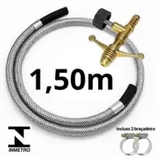Kit Mangueira Gás 1,50m Reforçada com Registro e Abraçadeira de Metal Premium