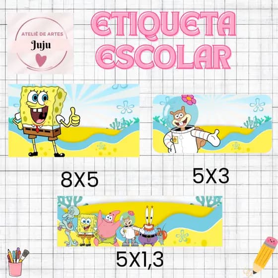 Etiqueta Escolar Personalizada kIT 150 ETIQUETAS - BOB ESPONJA - Adesivo para material escolar