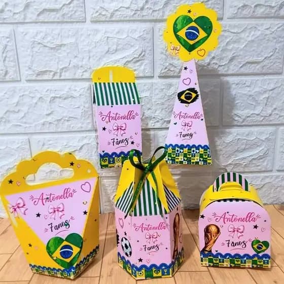 Kit Caixas Personalizadas para festas de aniversário, lembrancinhas, COPA DO MUNDO-HEXA-BRASIL ROSA - PEGUE E MONTE