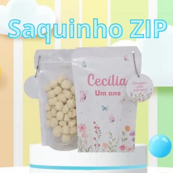 Saquinho Metalizado 12x19 com Fecho Zip Personalizado TEMA JARDIM  Festa Lembrancinha