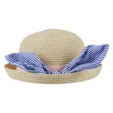 Chapéu De Palha Infantil,  Para Praia, Piscina, Criança Menina De 4 Ate 8 Anos De Aba Curta Com Fita Rosa Com Laço Azul Com Branco