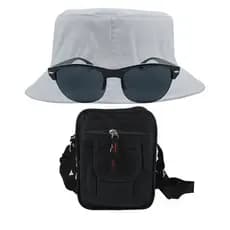 Combo Chapéu Bucket Hat, Bolsa Pochete Shoulder Transversal Alça Regulável E Oculos De Sol Proteção Uv400 Unissex - MD-13