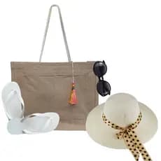 Combo Praia Completo Chapéu De Palha Bege Feminino Para Praia, Piscina, Passeios, Bolsa De Ombro, Chinelo E Oculos De Sol Uv 400