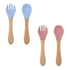 Kit Colher + Garfo Infantil de Silicone - Azul ou Rosa - Cabo de Madeira - BPA Livre
