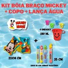 Kit Boia De Braço + Copo Plástico + Lança Água Criança Piscina Diversão Lazer MICKEY Ítens Piscina
