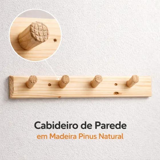 Cabideiro Cabide de Parede em Madeira Pinus Suporte Rústico com 4 Ganchos para Casacos e Toalha