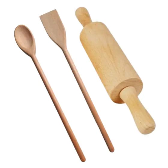 KIT CONJUNTO PARA COZINHA COLHER DE PAU E PÁ, ROLO DE MASSA, PARA COZINHA PREMIUM