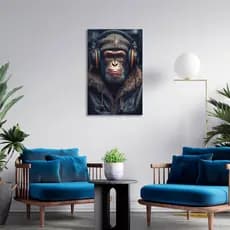 Quadro Decorativo Macaco Fone De Ouvido Gorro Jaqueta Gamer