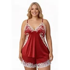 Baby Doll Suede e Plus Size Bicolor Renda Pijama Feminino