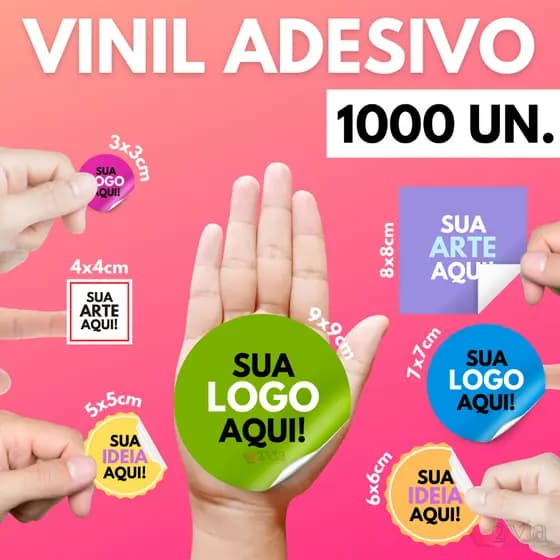 1000 Adesivos Em Vinil Personalizados | Etiqueta Adesiva Vinil Prova D'agua 3x3 4x4 5x5 6x6 e 7x7 Cm