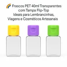 Frasco PET 40ml Transparente Quadrado com Tampa Flip-Top Colorida para Lembrancinhas, Brindes.