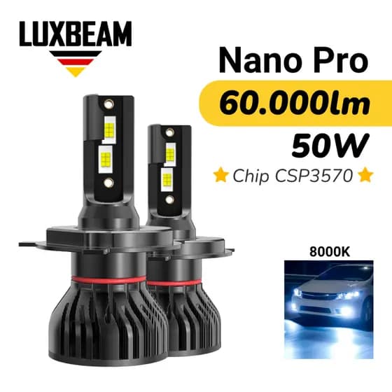 Par Super Led Nano Pro CSP 3570 50w 60.000lm 8000k H1 H4 H7 H11 H8 HB4 Lâmpada Luxbeam Efeito Xenon