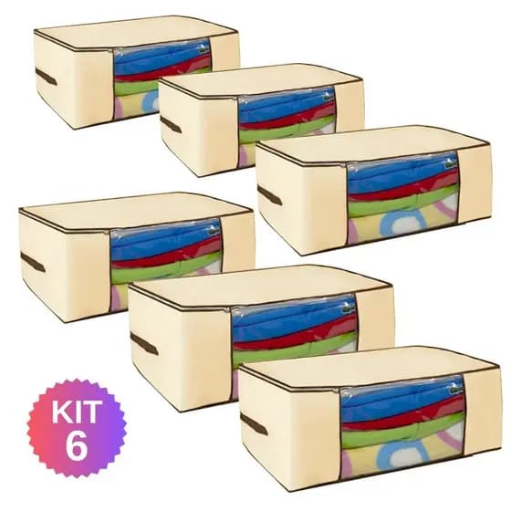 kit 6 Caixa Organizadora de guarda roupa coberta Creme