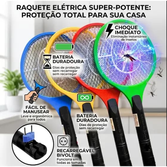 Raquete Elétrica Mata Mosquitos Recarregável Bivolt - Prática e Eficaz