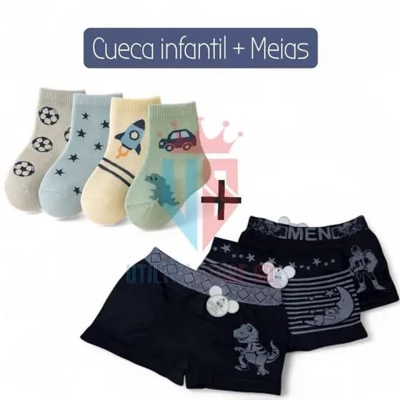 Kit com 10 Cuecas Boxer Microfibra Infantil Masculino + 12 Pares de Meias Infantis Menino