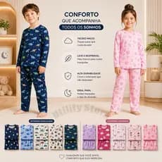 Pijama Infantil 100% Algodão 02 ao 10 Calça e Manga Longa Menino ou Menina Estampas Divertidas