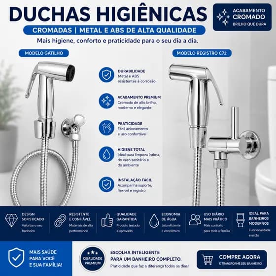 Ducha Higiênica Banheiro C25 ou C72 e Abs Cromado 1/4 Volta Chuveirinho Privada (Duchinha)