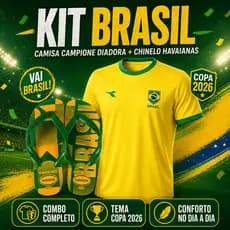 Kit Torcedor Brasil Copa 2026 | Camisa Diadora Campione Amarela + Chinelo Havaianas Vai Brasil Verde