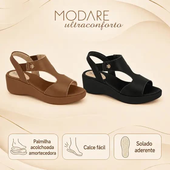 Sandália Modare Ultraconforto Anabela Feminina Calce Fácil Elástico Palmilha Massageadora Original