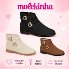 Bota Molekinha Infantil Coração Dourado Com Zíper Confortável Cano Curto | Lançamento Original  !