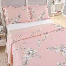 Kit Cobre Leito Colcha Queen Bouti 3 Peças Dupla Face Estampada Porta Travesseiro Aba Americana