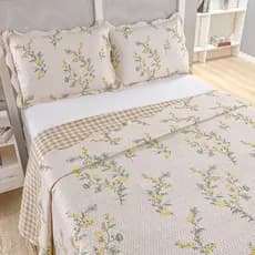 Kit Cobre Leito Colcha Casal Bouti 3 Peças Dupla Face Estampada Porta Travesseiro Aba Americana