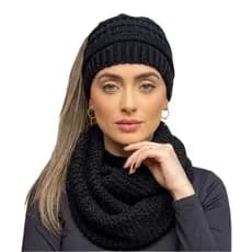 Kit Touca Gorro Lã Feminina com Furo Rabo de Cavalo + Gola Cachecol Inverno Quentinho Frio Moda