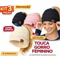Kit 3 Touca Gorro Feminino com Abertura para Rabo de Cavalo Lã Quentinha Inverno Ajustável