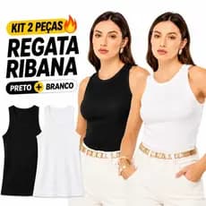 Kit 2 Regatas Femininas Ribana Canelada Básica Justa Preta e Branca Lisa Leve Confortável