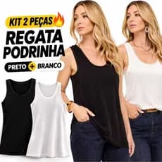 Kit 2 Regatas Podrinha Feminina Preta e Branca Básica Leve Confortável Moda Verão