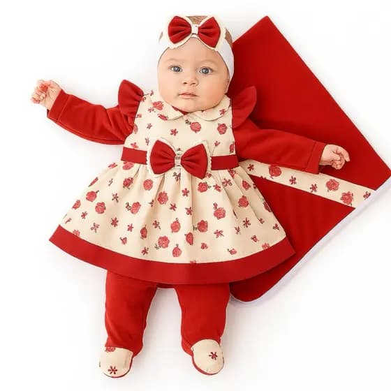 Saída Maternidade 5 Peças – Menina Pompom | Vermelho—-Pink—-Salmao—Rosa e verde