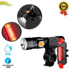 Kit com Mini Lanterna + Suporte de Guidão + Lanterna Traseira para Bike - Kit de Acessórios de Iluminação para Bicicleta