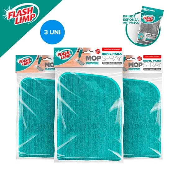 Kit 3 Refis Mop Spray Verde Agua Para Limpeza Domestica + Esponja Poliester Flash Limp