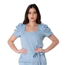 Blusa Scrub Manga Bufante Uniforme Feminino Secretária Azul Claro