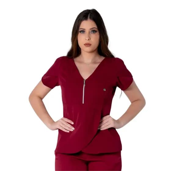 Blusa Scrub Transpassada Decote Em V Uniforme Feminino Marsala