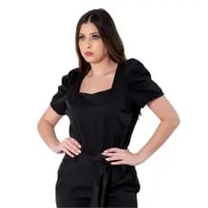 Blusa Scrub Manga Bufante Uniforme Feminino Secretária Preta
