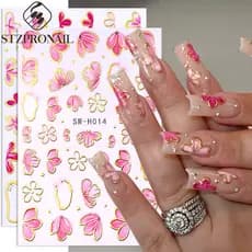 Rosa Hibisco Flor Etiqueta Da Arte Do Prego 3D Ouro Linhas Irregulares Arco Pétala Borboleta Folhas DIY Bronzeamento Y2K