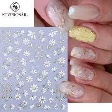 3D Metálico Linha De Ouro Flor Adesivos De Unhas Branco Margarida Arco Pétalas Floral Adesivo Sliders Decalques DIY Char