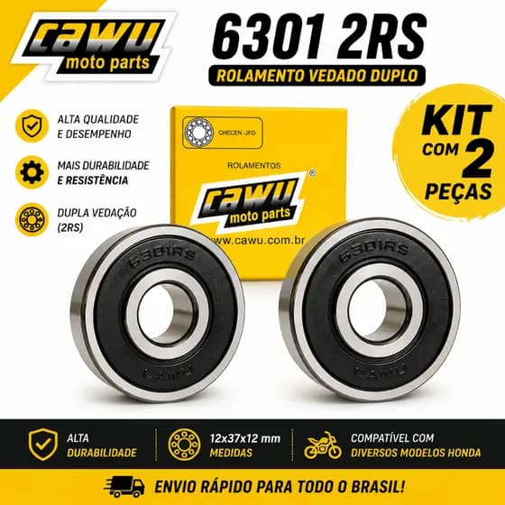 Kit 2 Rolamentos 6301 2RS 12x37x12 CG 125 150 160 Titan Fan Biz Bros Dupla Vedação"
