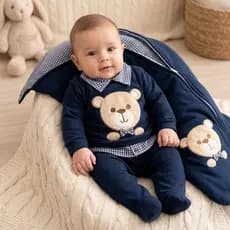 Saida maternidade bebê menino bordado Bear com saco de dormir confortável