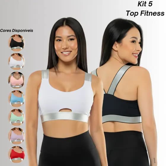 Kit 5 Top Fitness Com Bojo Removível Poliamida Reforçado Cores Variadas Elástico Roupa para Academia