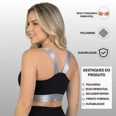 Kit 2 Top Fitness Esportivo Academia Bojo Removível Poliamida Elástico Prata Reforçado Feminino