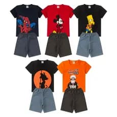 Kit 3 Conjuntos Estampados Camisa Shorts Jeans Fake Infantil Juvenil - Masculino/Menino Verão