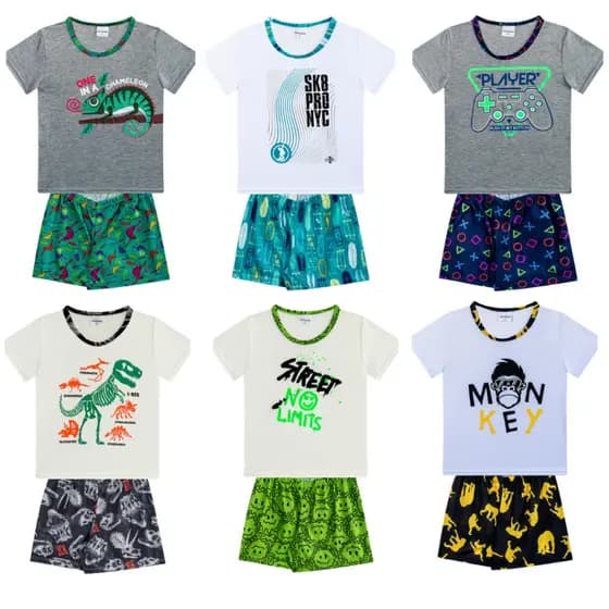 Kit 4 Pijamas Sortidos 4 Camisetas + 4 Bermudas Masculino/Menino Infantil Verão 3 ao 16