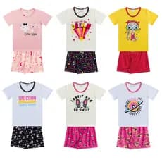 Kit Sortido 4 Conjuntos Pijama Menina Estampas Diversas Manga Curta + Shorts Feminino Verão 3 ao 10