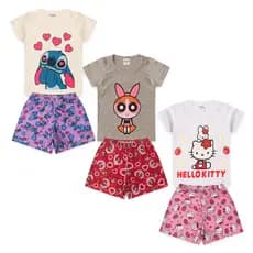 Kit 3 Conjunto Estampados Blusa e Shorts Feminino Infantil Manga Curta Tamanho 3 ao 8 Verão
