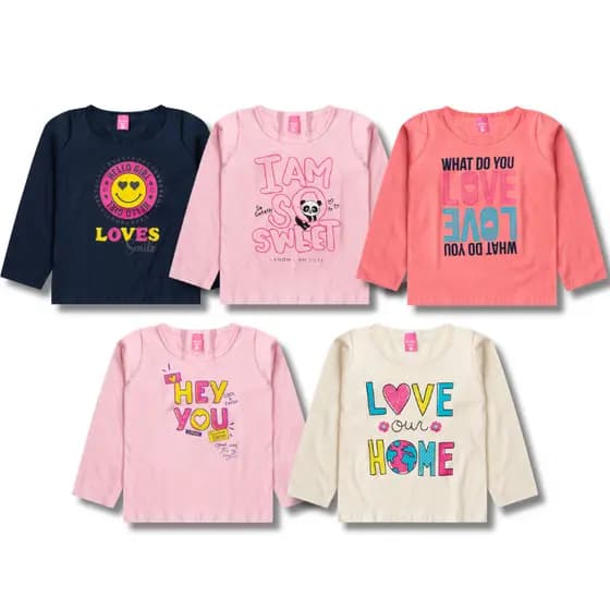 Kit Sortido Blusas Manga Longa Coleção Feminina/Menina Estampada Infantil - Meia Estação