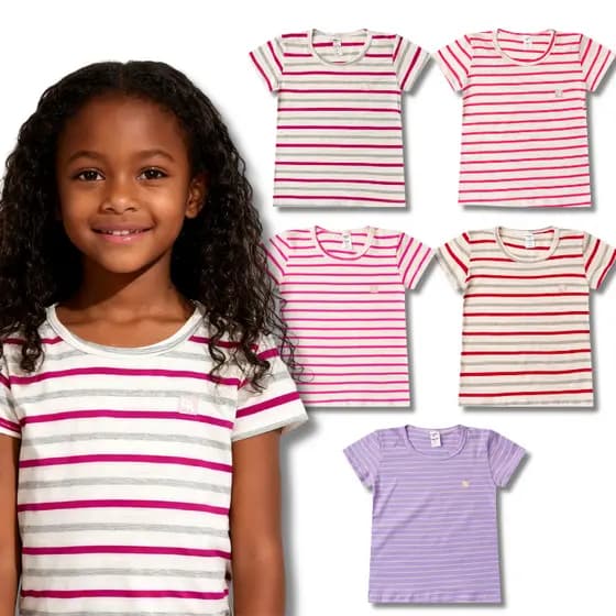 Kit 4 Camisetas Listradas Feminina/Menina Infantil e Juvenil do 3 ao 16 - Blusa Manga Curta Escolar