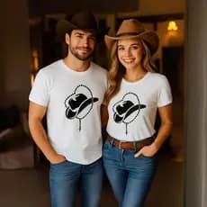 Kit Camiseta Casal Terço Chapéu Moda Agro Country 100% Algodão Entrega Imediata Cowboy e Cowgirl