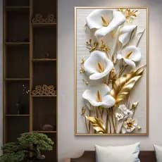 Quadro Decorativo Copo de Leite Branco e Dourado 110x70 MDF Floral Moderno Sala Quarto